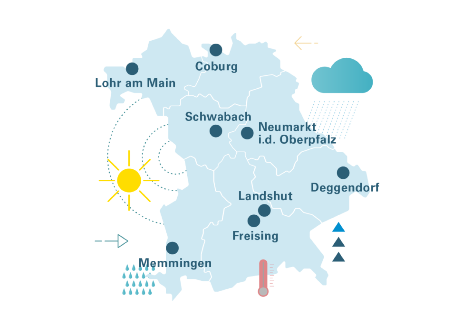 Die Karte des Bundeslanges Bayern verortet die Modelkommunen Coburg, Lohr am Main, Schwabach. Neumarkt i.d.Obpf., Landshut, Deggendorf, Freising, Memmingen