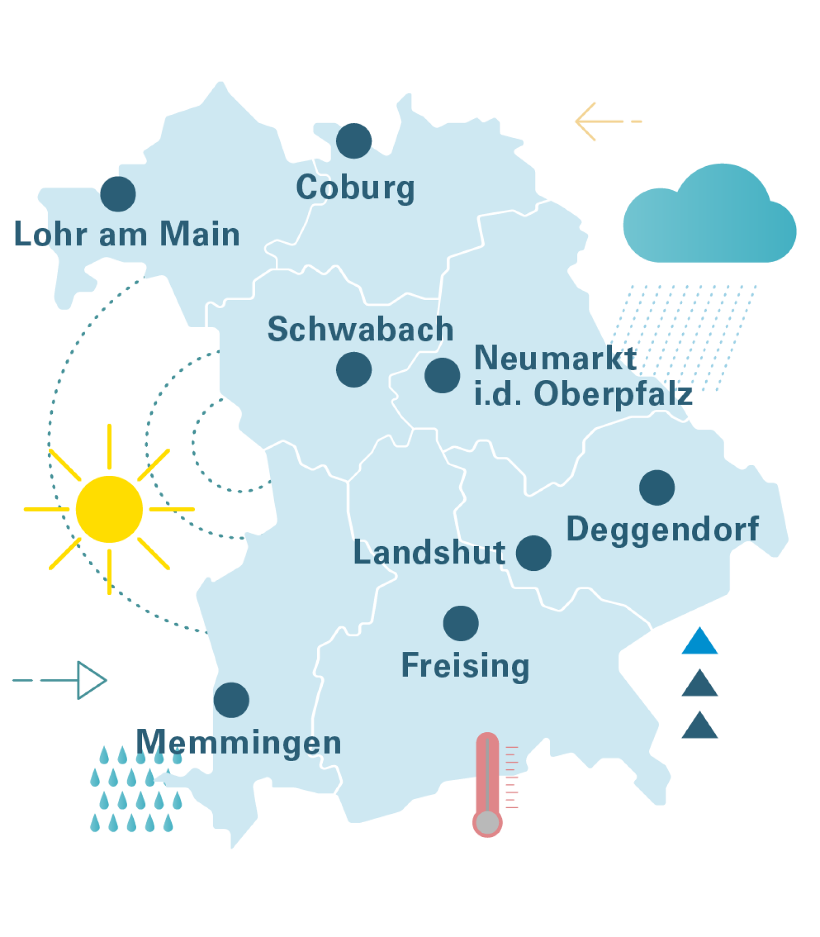 Die Karte des Bundeslanges Bayern verortet die Modelkommunen Coburg, Lohr am Main, Schwabach. Neumarkt i.d.Obpf., Landshut, Deggendorf, Freising, Memmingen